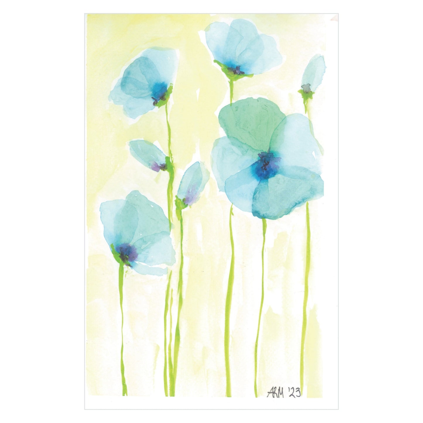 Introducing "Morning Glory - Original Watercolor" by Rustic County: a stunning composition featuring delicate blue morning glory flowers with long green stems set against a light yellow background. The varying sizes and orientations of the flowers capture nature's elegance in a serene and airy fashion.
