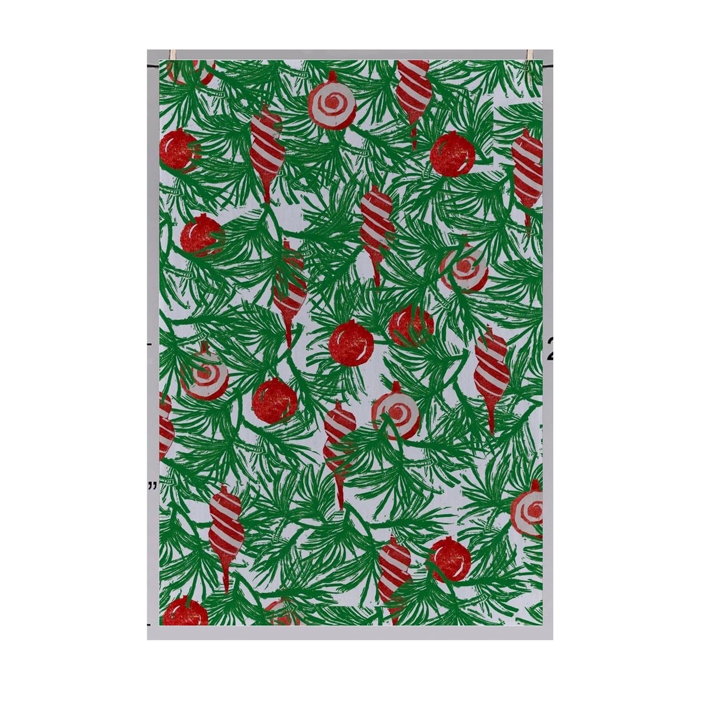 The Boughs and Ornaments Tea Towel by Rustic County features a festive design of green pine branches, red and white striped ornaments, and red balls on a light background.