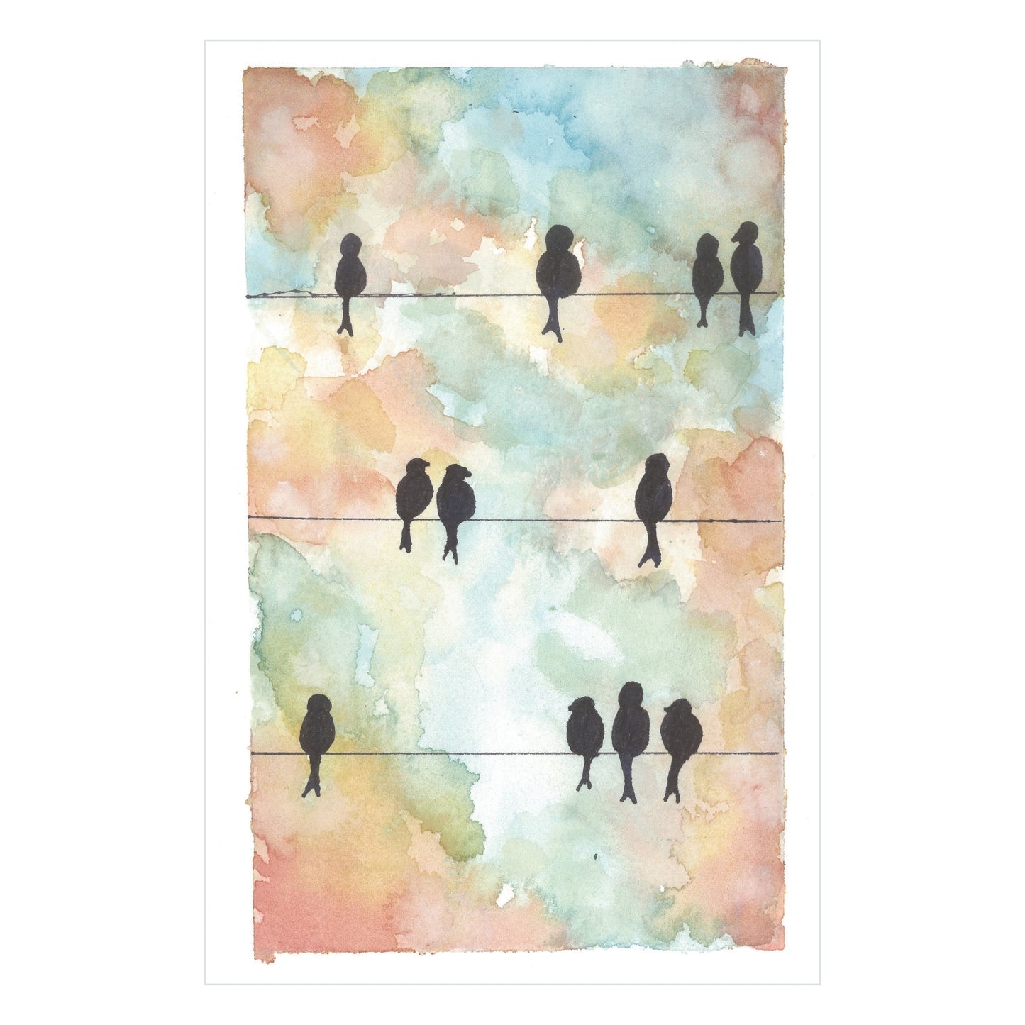 The watercolor masterpiece titled "Birds on a Wire - Limited Art Prints" by Rustic County beautifully depicts birds silhouetted on three sets of parallel lines resembling wires, all set against a vibrant abstract backdrop of blues, oranges, and greens. This limited edition art print serves as an exquisite piece of abstract wall art.