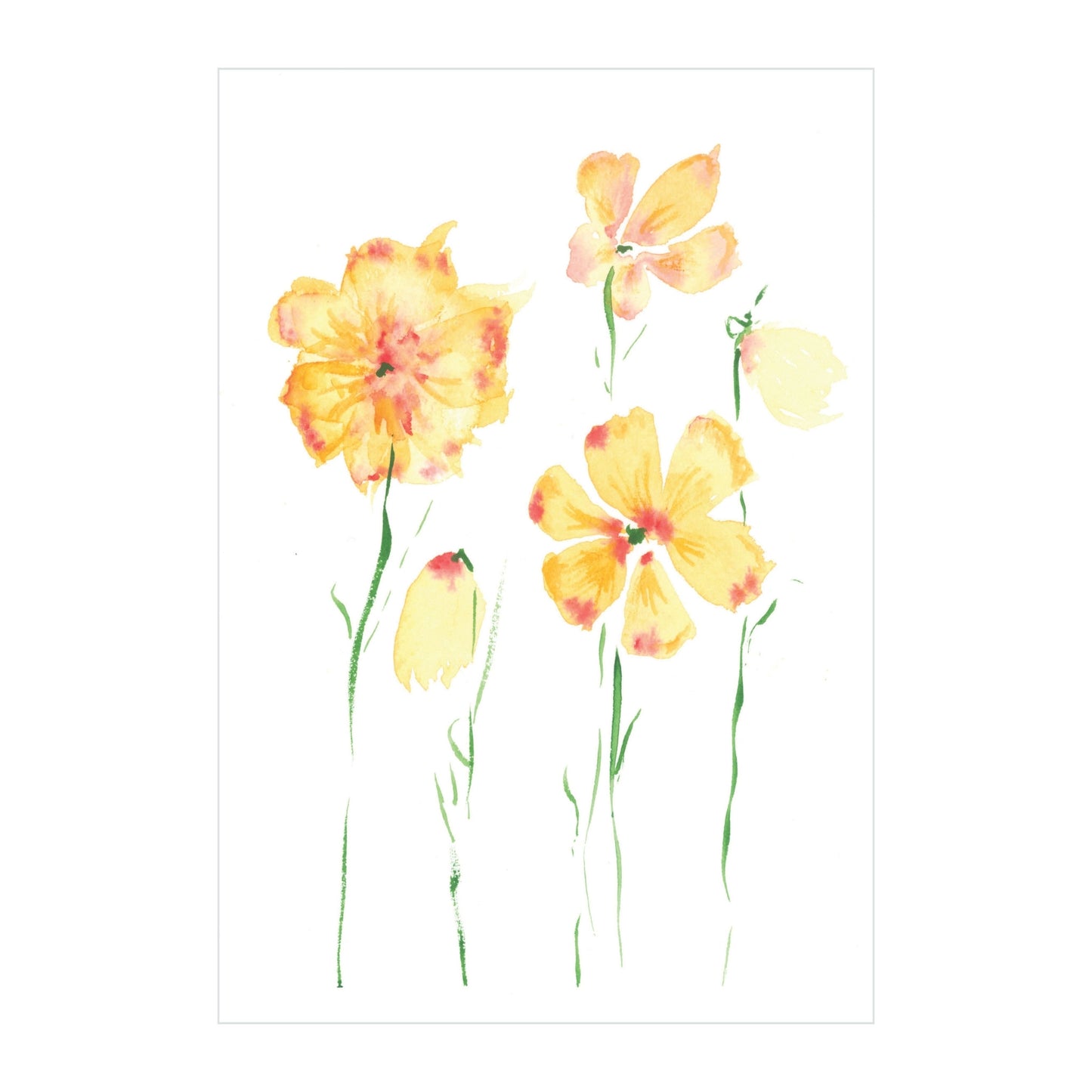 Introducing the "Delicate Primroses - Limited Art Prints" by Rustic County, capturing the floral elegance of yellow and orange blooms with slender green stems. This limited-edition masterpiece features delicately painted flowers in soft, translucent colors against a white background, making it a captivating addition to any space.