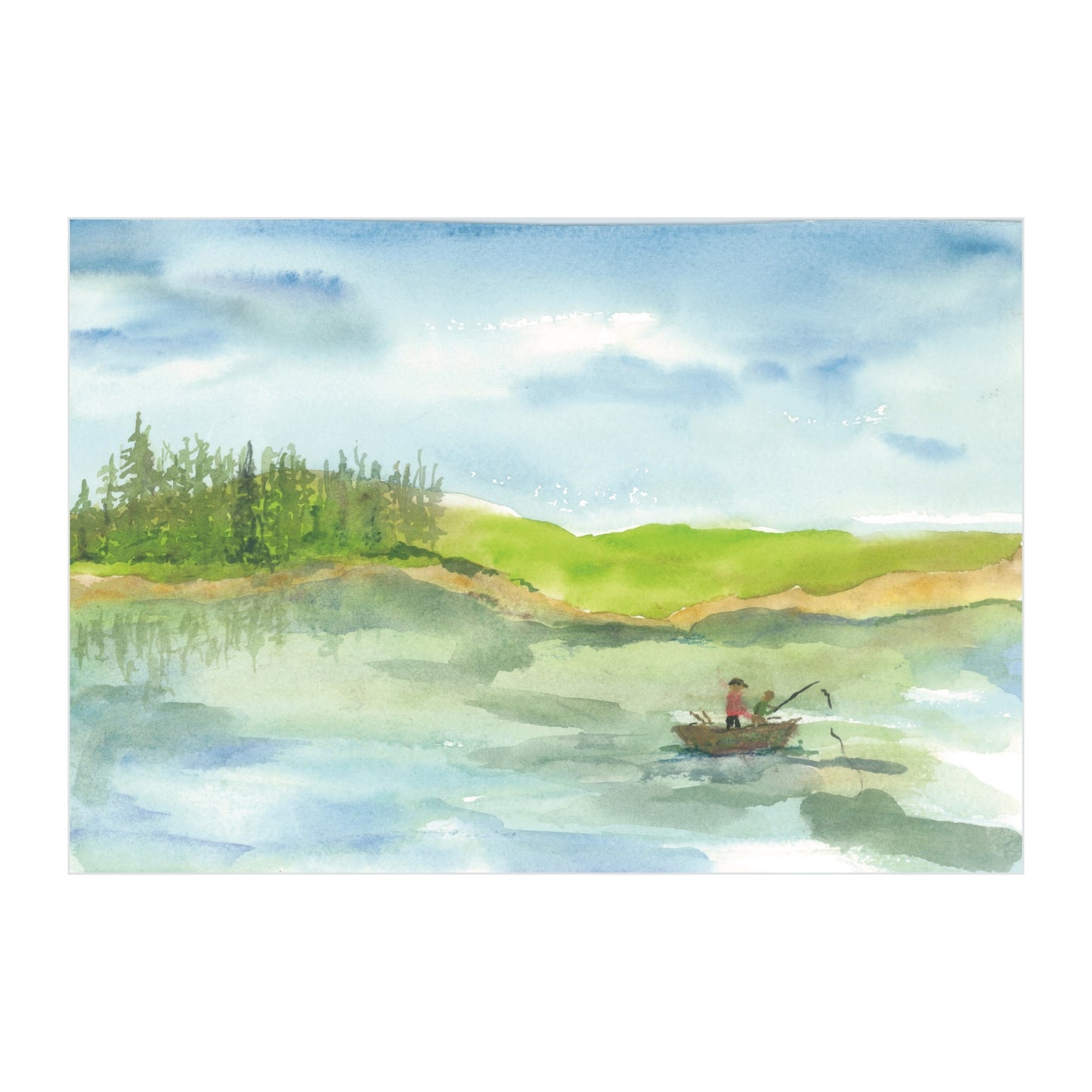 The "Generations on the Lake - Limited Art Prints" by Rustic County beautifully depicts a tranquil lakeside setting, showcasing a peaceful scene of someone fishing from a small boat. The distant shoreline is framed by trees beneath a blue sky sprinkled with clouds. This artwork is perfect for those looking to evoke a sense of family connection through serene landscapes.