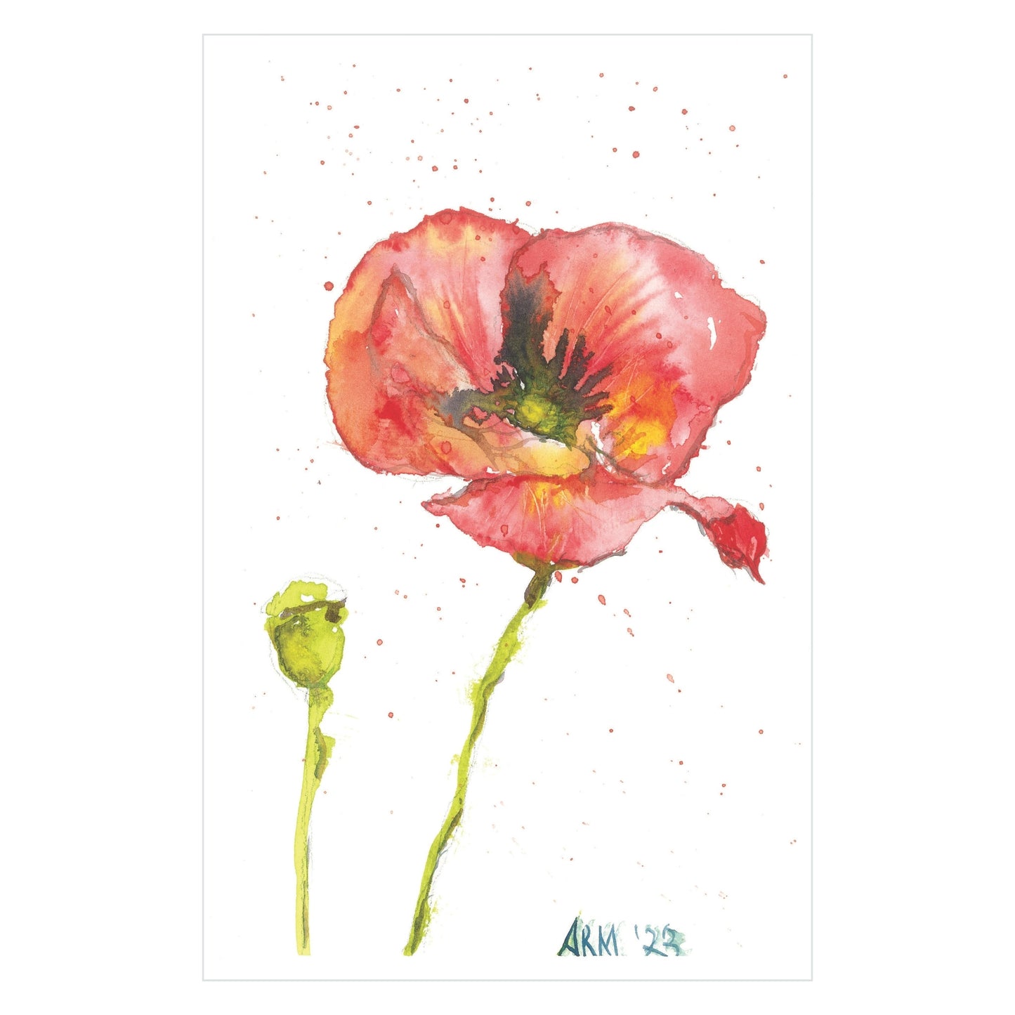 A watercolor art piece from Rustic County, titled "Scarlet Serenity - Limited Art Prints," beautifully signed by Ashley, depicts a red poppy with a green stem and an unopened bud. The petals showcase orange and pink hues against a white background, highlighted by subtle red speckles.