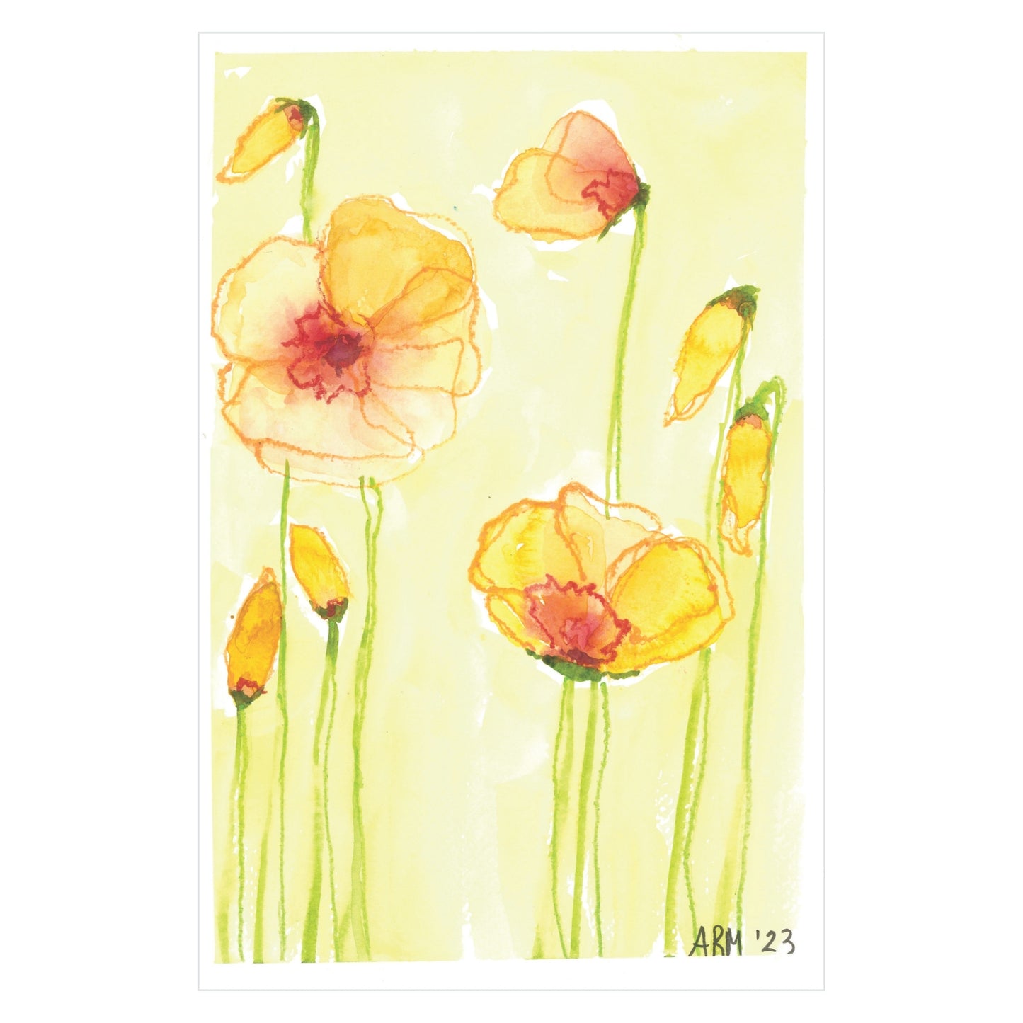 The limited art print "Summer Florals" by Rustic County captures a watercolor masterpiece featuring vibrant orange poppies with delicate green stems set against a soft yellow background. The flowers, blooming in various sizes and orientations, convey a sense of gentle movement. The bottom right corner is signed with "ARM '23.