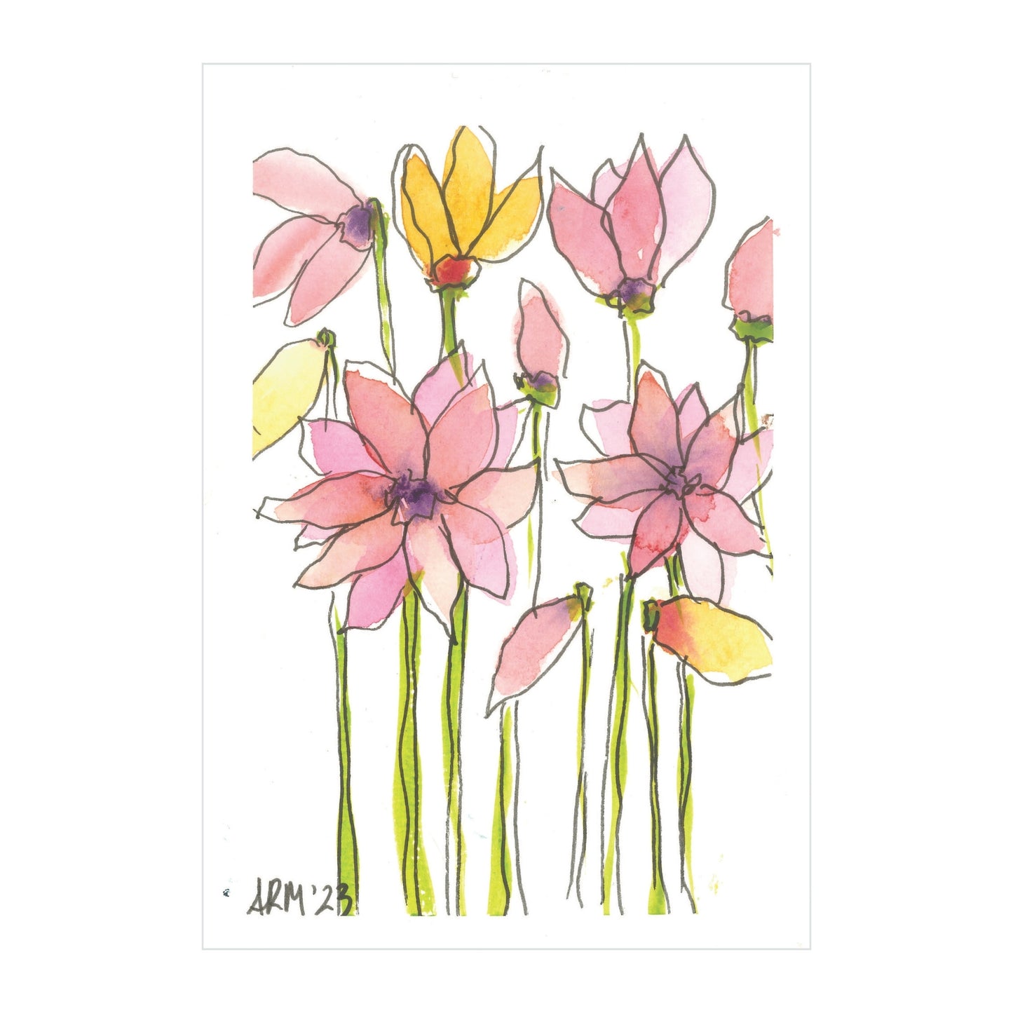 This watercolor illustration, offered as part of the Rustic County collection under the name "Wildflower Whimsy - Limited Art Prints," showcases delicate pink and yellow flowers with long green stems. The blooms are outlined with fine black lines, enhancing their vibrant, artistic feel on premium art paper. The piece is expertly signed with "LRM '23" in the corner.