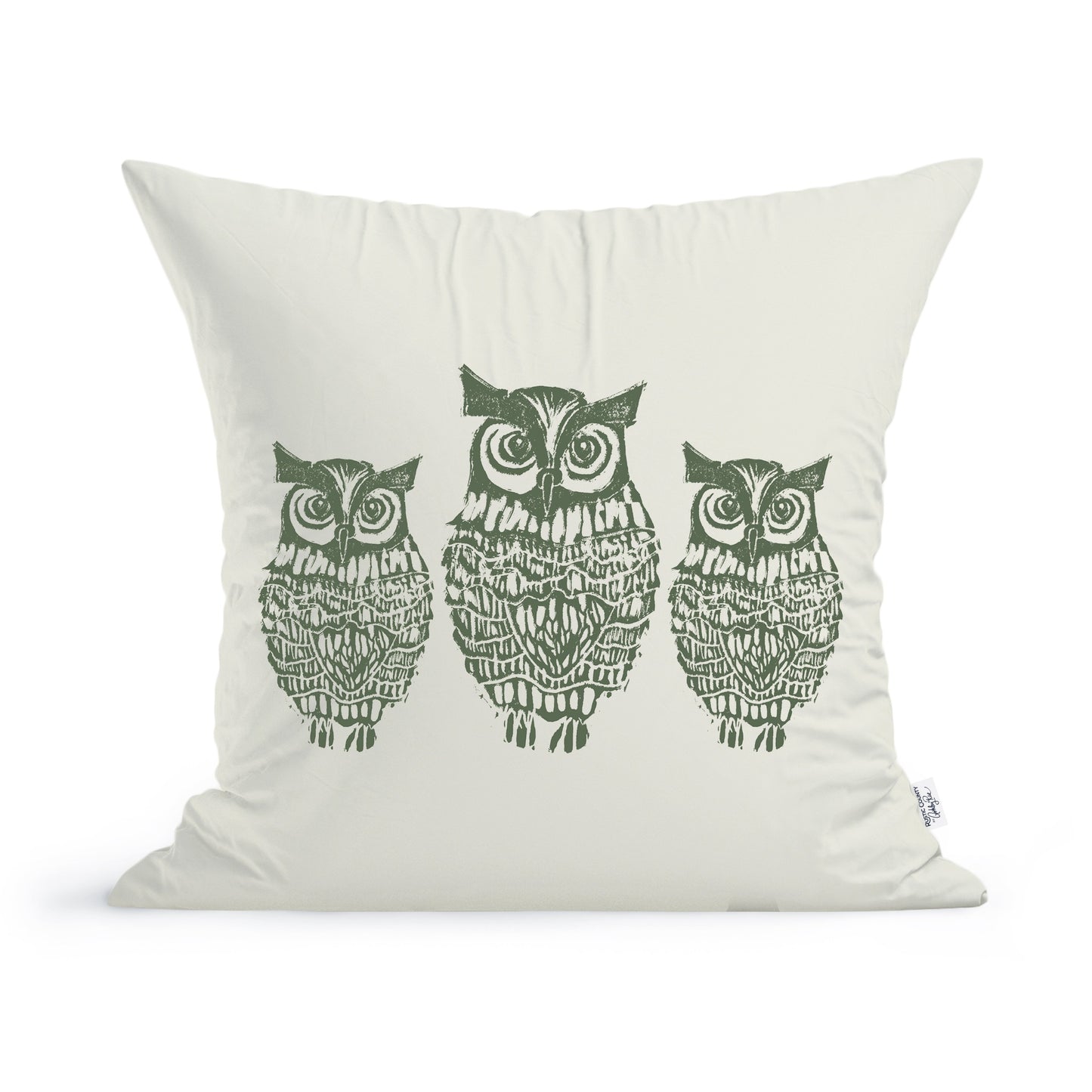 The Rustic County Hooty Owls Pillow is a 100% cotton accent featuring three detailed, green owls in a row—perfect for owl lovers to add charm to any room.