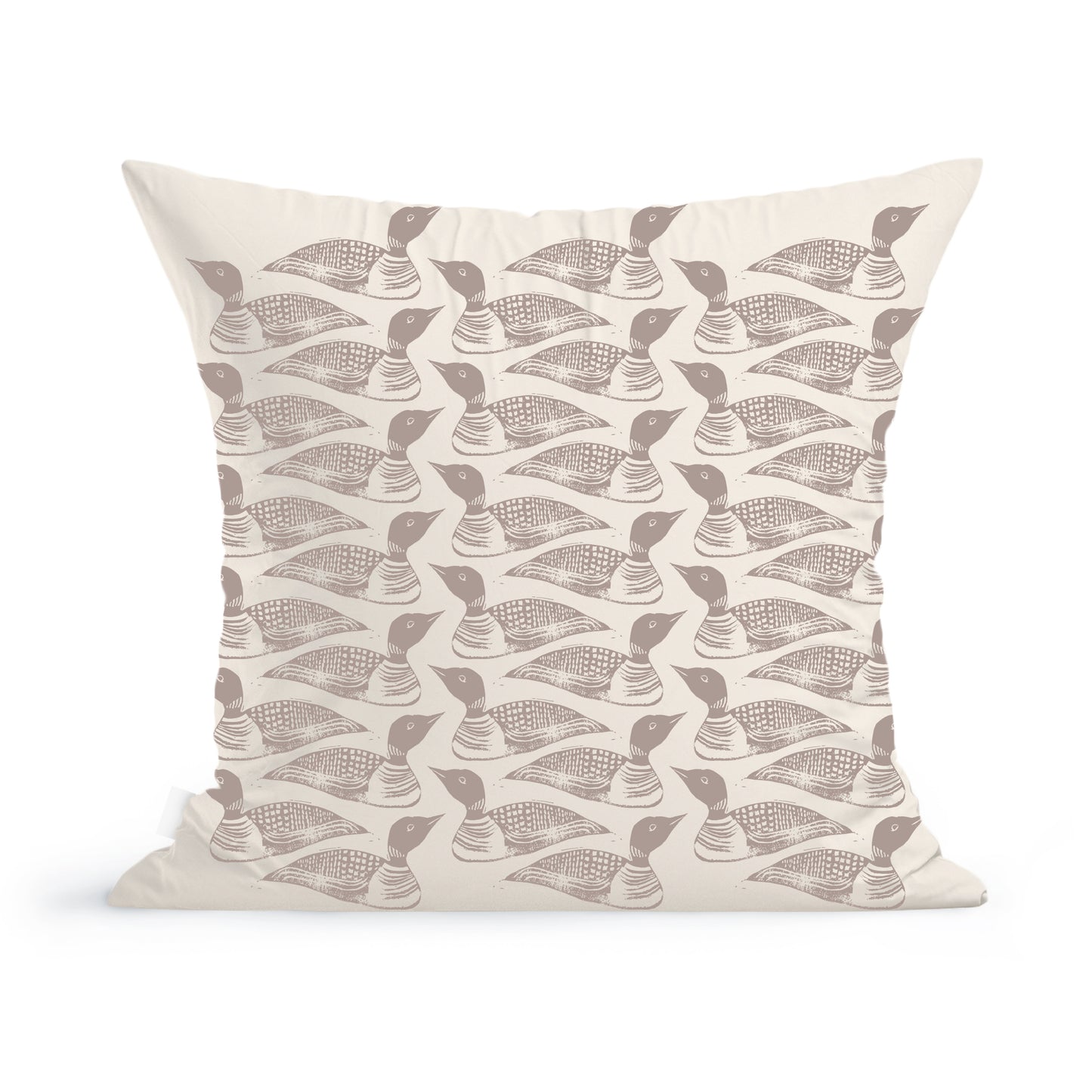 Rustic County's Little Loons pillow cover features a repeating pattern of stylized brown ducks against a light beige background. Each duck is depicted in a side profile with detailed feathers.