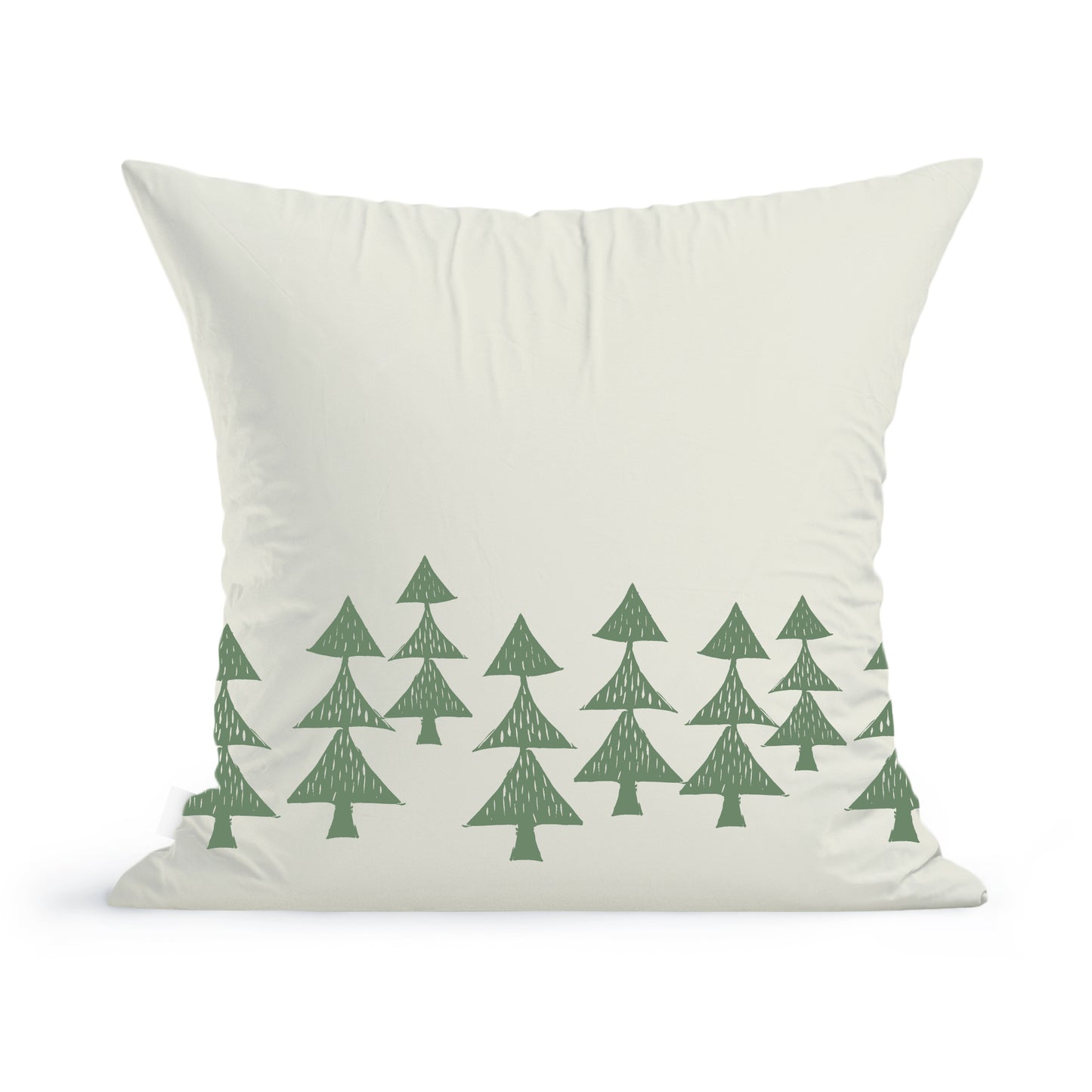The Maine Timberline Pillow by Rustic County is a white 100% cotton throw pillow with stylized green pine trees along the bottom, offering a minimalist, modern touch to create a cozy atmosphere in any room.