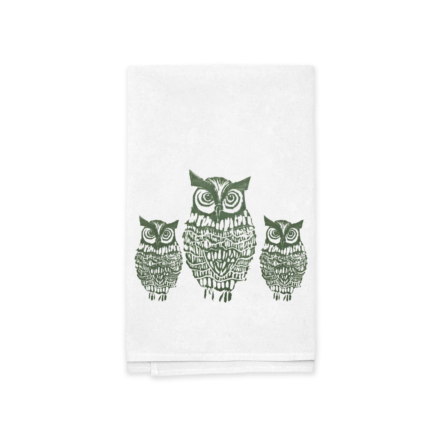 Discover Rustic County's Hooty Owls Kitchen Tea Towel, ideal for owl lovers. This white towel displays three green owls in a row from largest to smallest, with detailed feathers and expressive eyes, crafted from high-quality cotton for a whimsical touch.