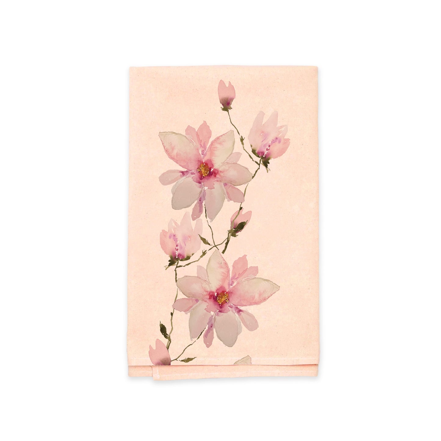 The Rustic County Magnolia Moments Kitchen Tea Towel features a vertical pink floral design with blooming flowers and green stems on a beige background. Made from 100% cotton, this elegant piece also serves as a stylish cloth napkin.