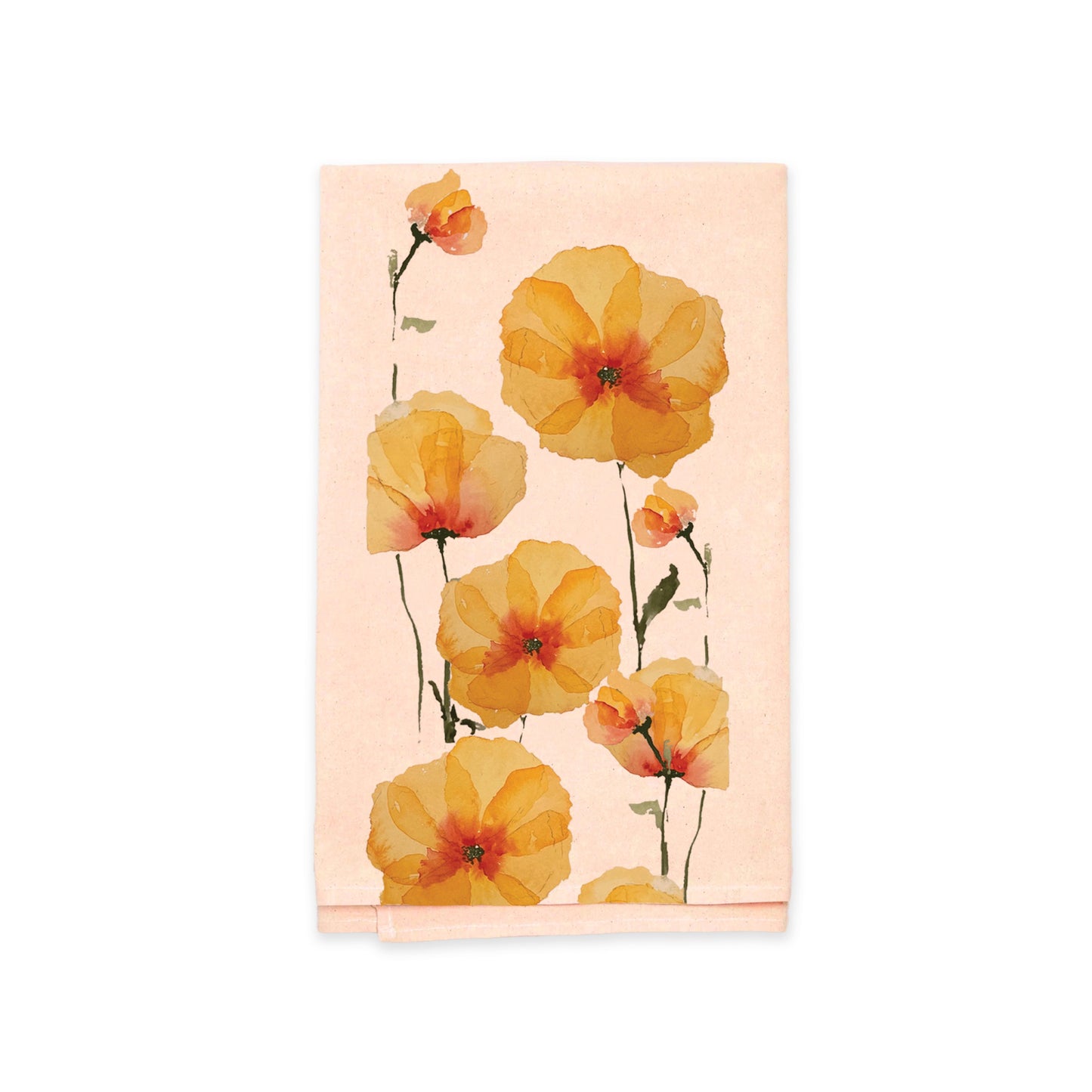 Introducing the Rustic County Peachy Pansy Kitchen Tea Towel, an absorbent cotton creation with original watercolor artwork featuring yellow and orange poppies on green stems for a touch of elegance in your kitchen.