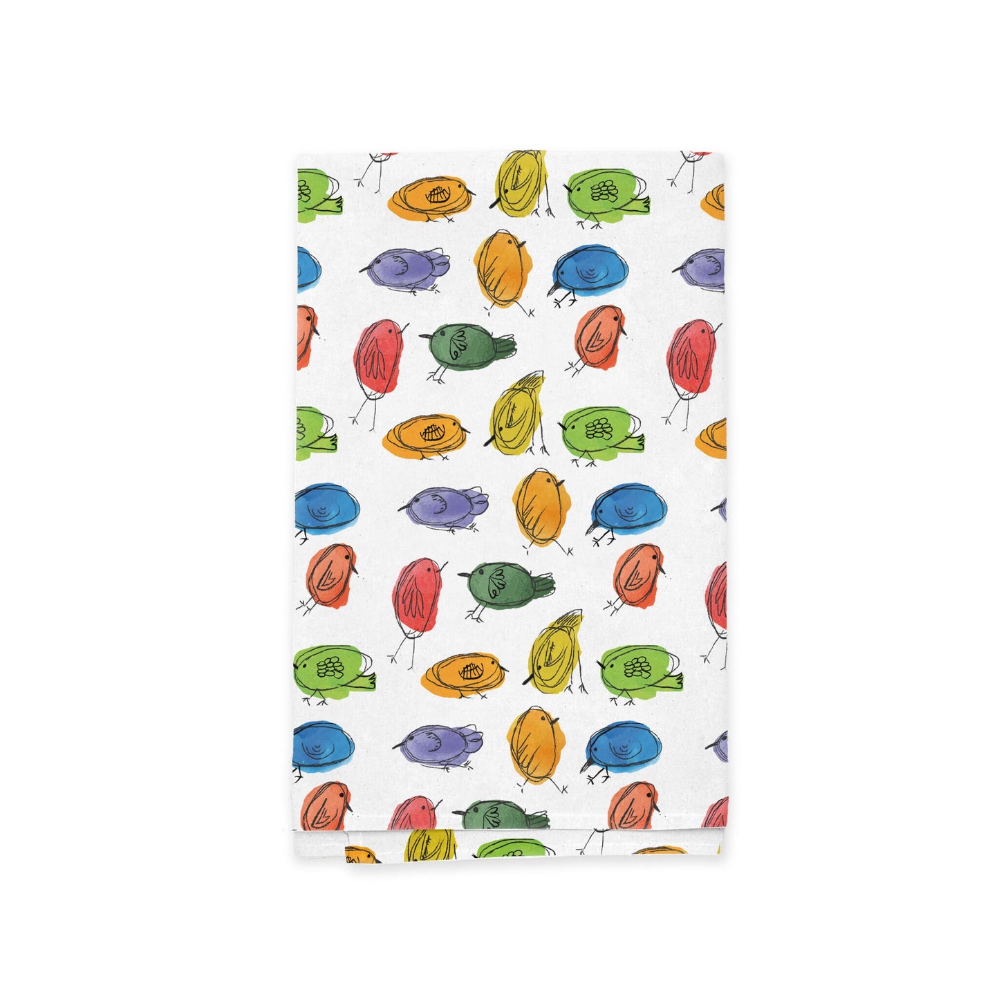 A Little Birds Kitchen Tea Towel by Rustic County featuring a colorful pattern of various types of hand-drawn fruits including apples, pears, and peaches, scattered across a white background.