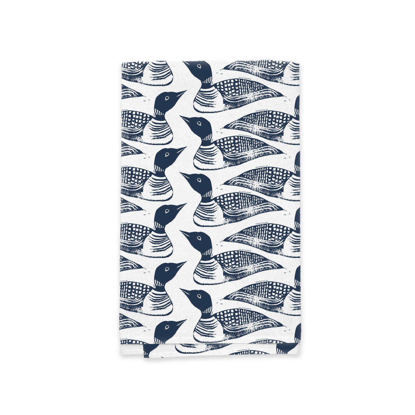 A Maine Loon Pattern Kitchen Tea Towel from Rustic County with a repeating pattern of stylized blue and white fish against a white background. The fish designs are artistic with prominent eyes and textured scales.