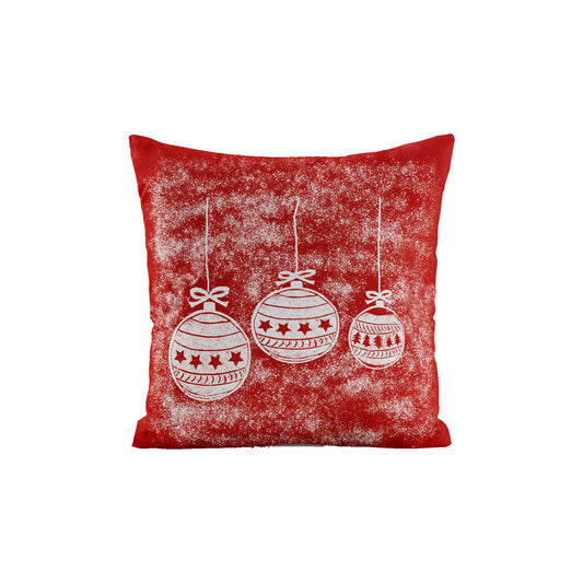 The Rustic County Holiday Balls Throw Pillow features a red cover with a white snowy texture and three festive ornaments decorated with stripes, stars, and bows.