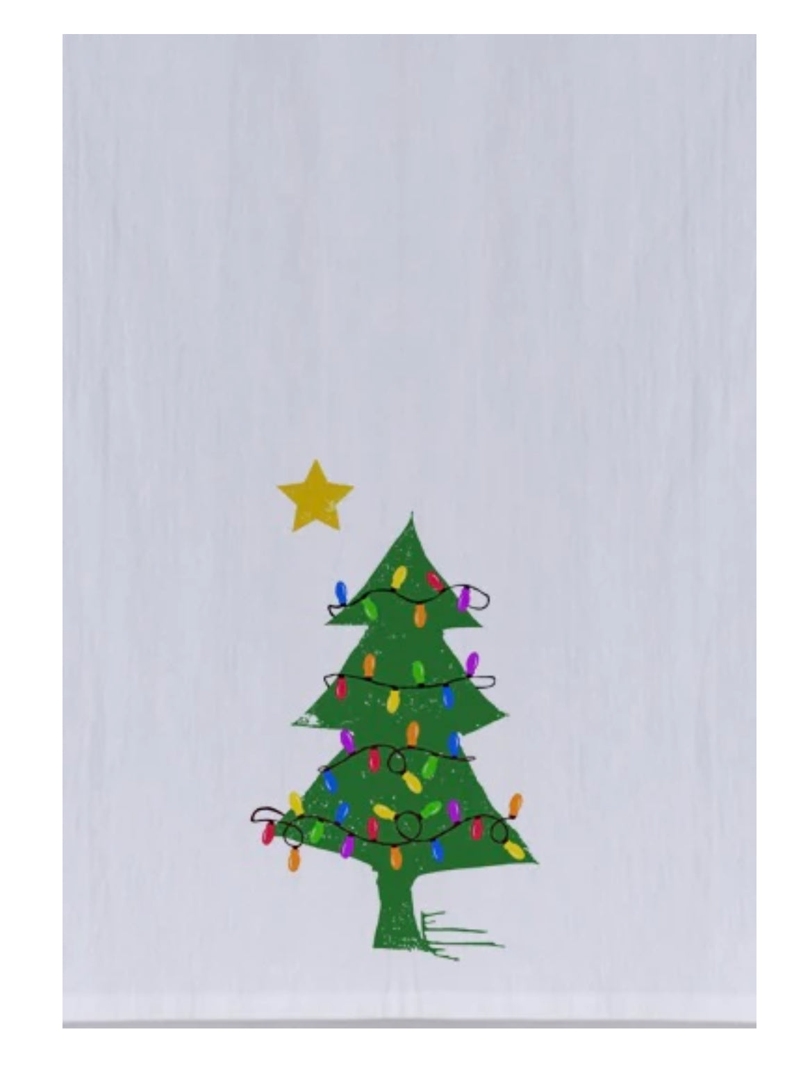The Maine Flag Christmas Tree Tea Towel by Rustic County features a simple green Christmas tree with colorful lights and a yellow star, set on a plain white background.