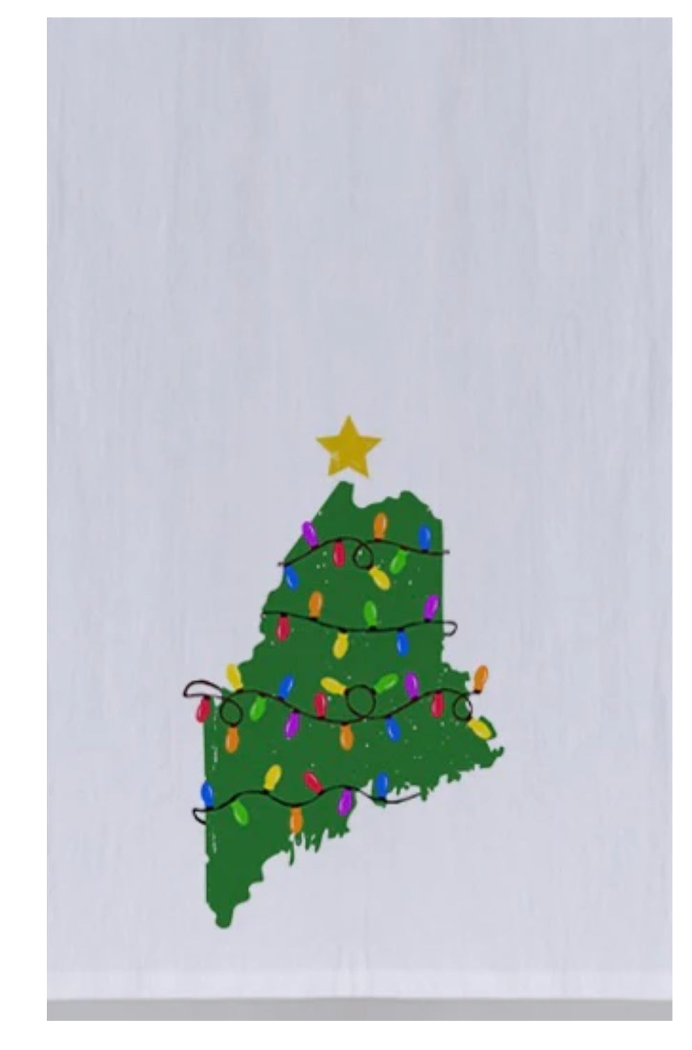 The Rustic County State of Maine Lights Tea Towel features a green silhouette of Maine adorned with colorful Christmas lights and a yellow star, all set on a crisp white background.