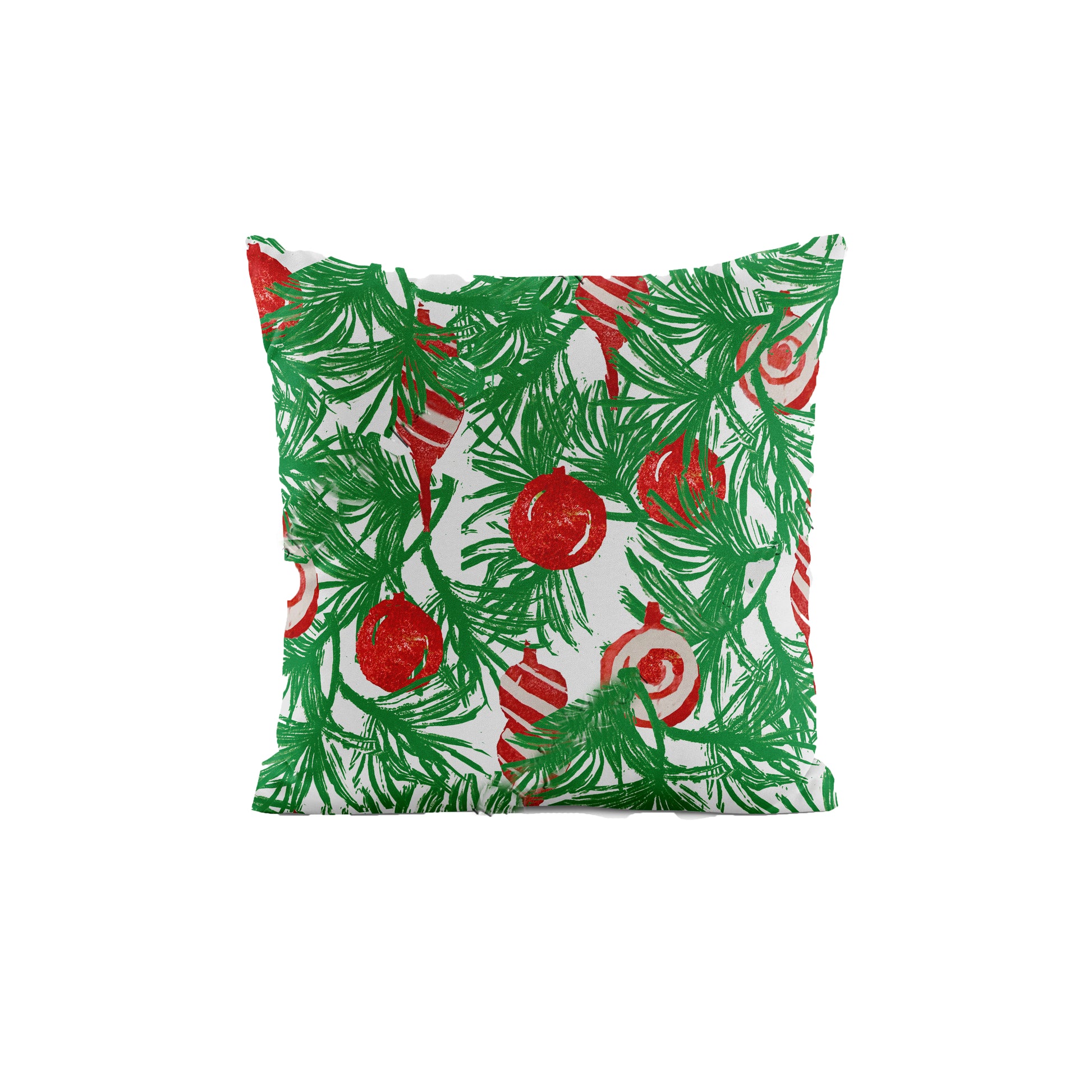 Add a festive touch to your home with the Rustic County Boughs and Ornaments Throw Pillow, featuring green pine branches and red ornaments on a crisp white background.