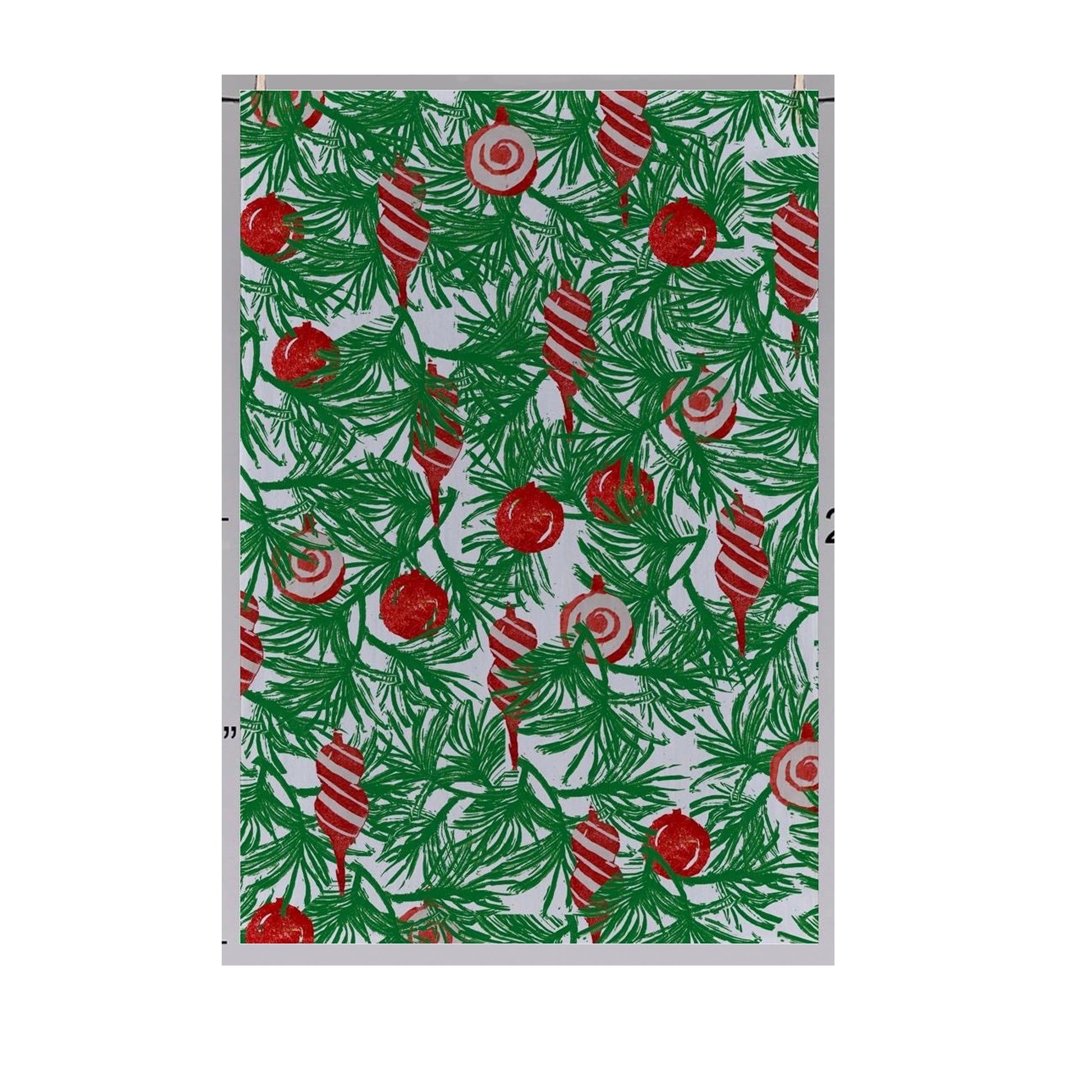 The Boughs and Ornaments Tea Towel by Rustic County features a festive design of green pine branches, red and white striped ornaments, and red balls on a light background.
