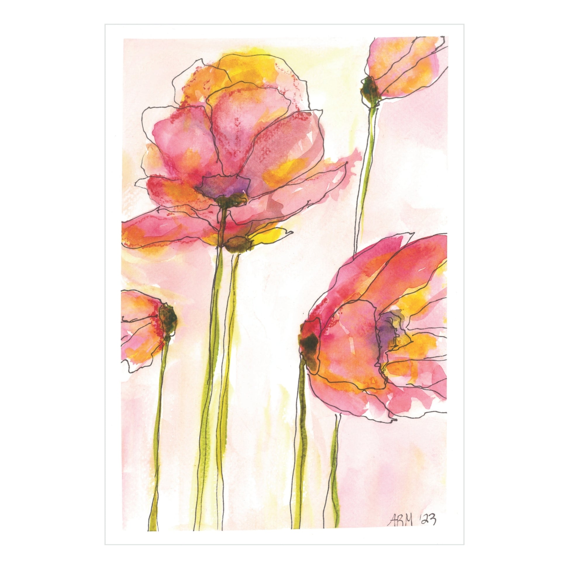 Introducing a limited-edition art print titled "Sunrise Splendor" by Rustic County. This piece captures the beauty of pink and orange poppies with green stems set against a light backdrop. The flowers are portrayed in various stages of bloom, using fluid and delicate brushstrokes.