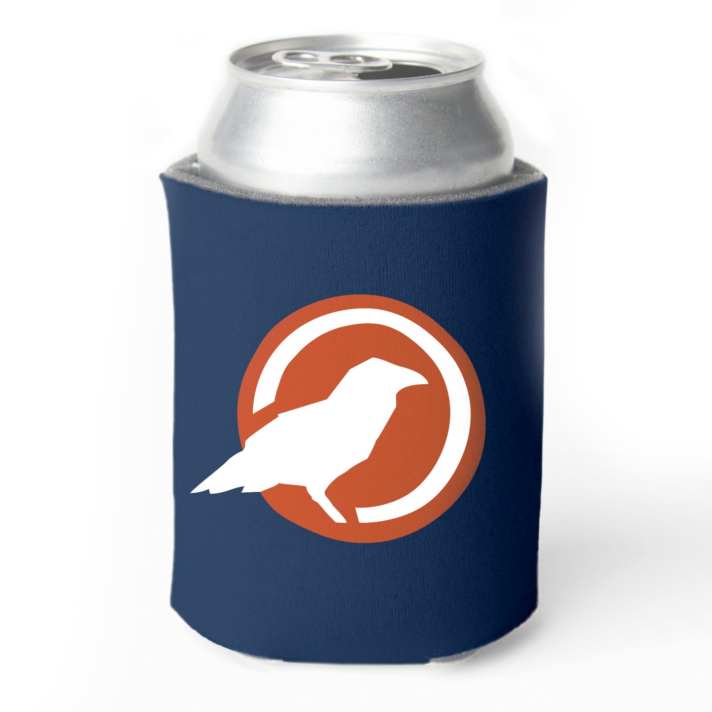 A blue Rustic County Can Cooler featuring a white and orange circular logo with a stylized bird silhouette, designed to insulate a 12 oz beverage can.