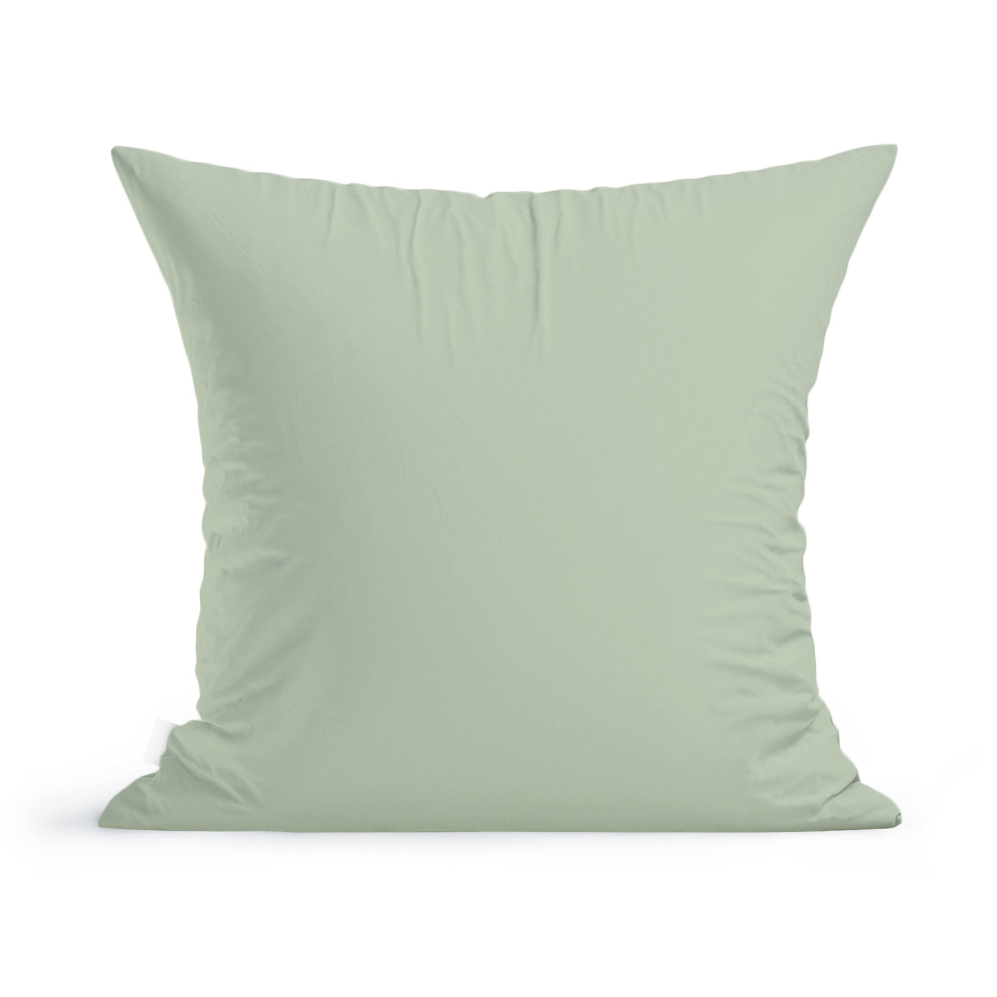 A plain light green 100% cotton Wild Daisies Pillow by Rustic County isolated on a white background.