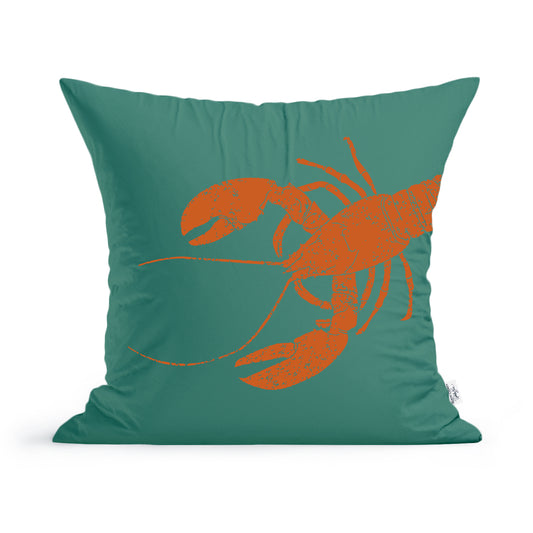 The Lobstah Lovers Pillow by Rustic County is a green square pillow featuring a large orange lobster graphic printed on its front. The lobster is detailed with visible claws and antennae, standing out against the solid green background. Perfect for a nautical themed room, this plump, modern design adds a coastal touch to any space.