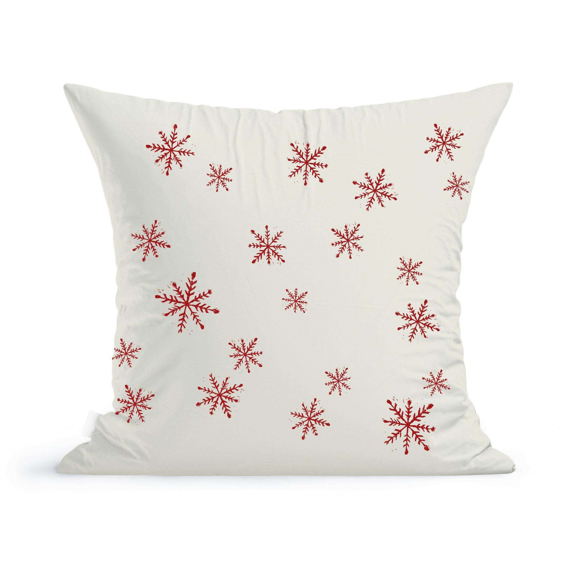 Introducing the Rustic County "Let it Snow Pillow," a white cushion decorated with red snowflakes in various sizes, perfectly capturing the magic of winter. This festive and wintry design makes it an ideal addition to your holiday decor.