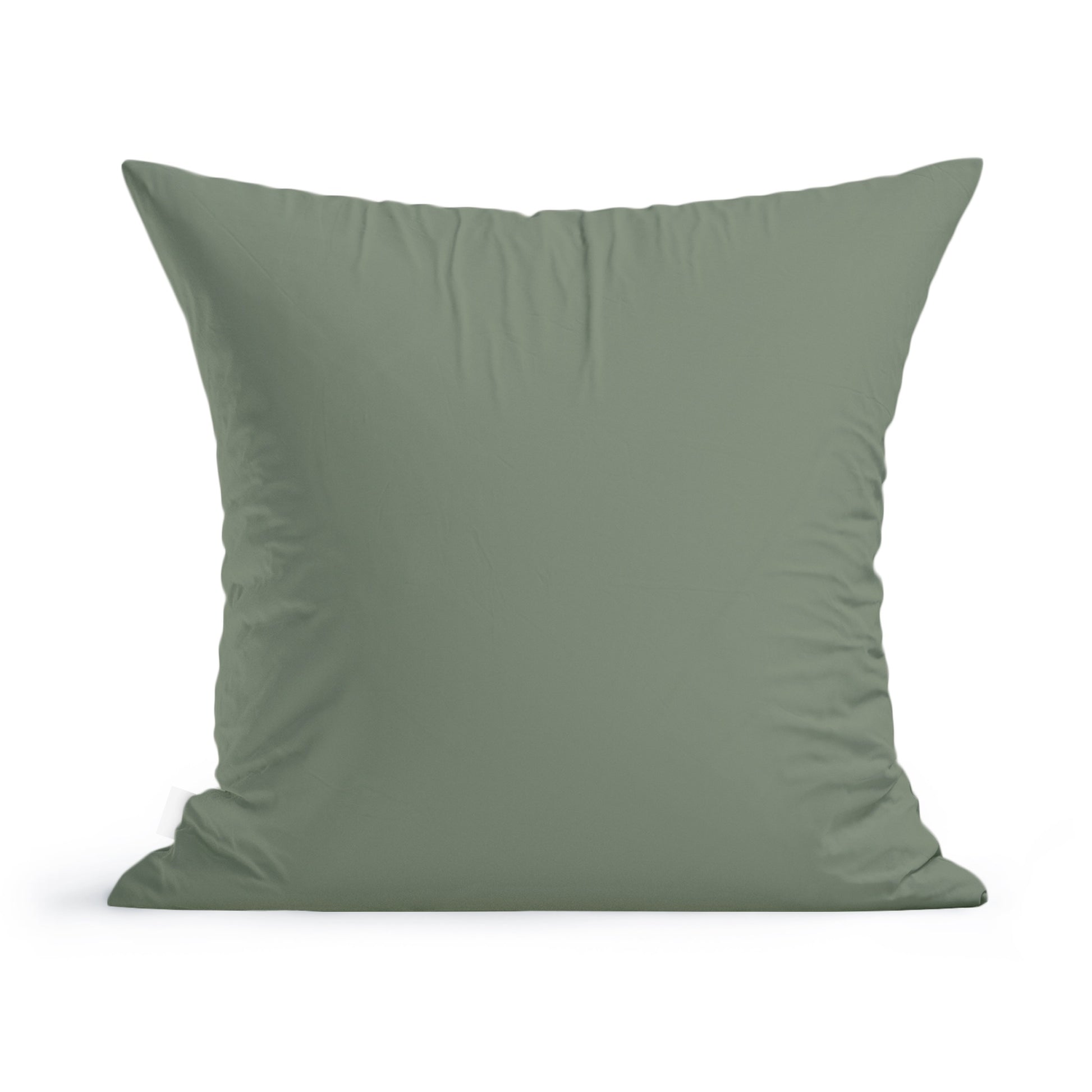 The Rustic County Hooty Owls Pillow is a square, 100% cotton pillow with a plain sage green cover. Shown against a white background, it looks soft and slightly creased, featuring a simple minimalist design.