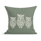 The Rustic County Hooty Owls Pillow is a green cushion with a white design of three stylized owls in a row, detailed feather and facial patterns, and made from 100% cotton—perfect as a cozy owl lover accessory.