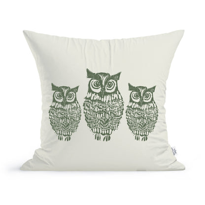 The Rustic County Hooty Owls Pillow is a 100% cotton accent featuring three detailed, green owls in a row—perfect for owl lovers to add charm to any room.