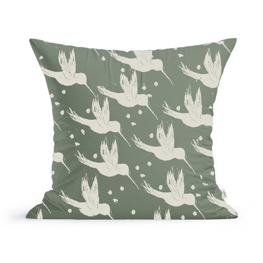 Rustic County’s Hummingbirds Pillow features a green background with cream flying birds and floral motifs—a charming accent for your home décor.