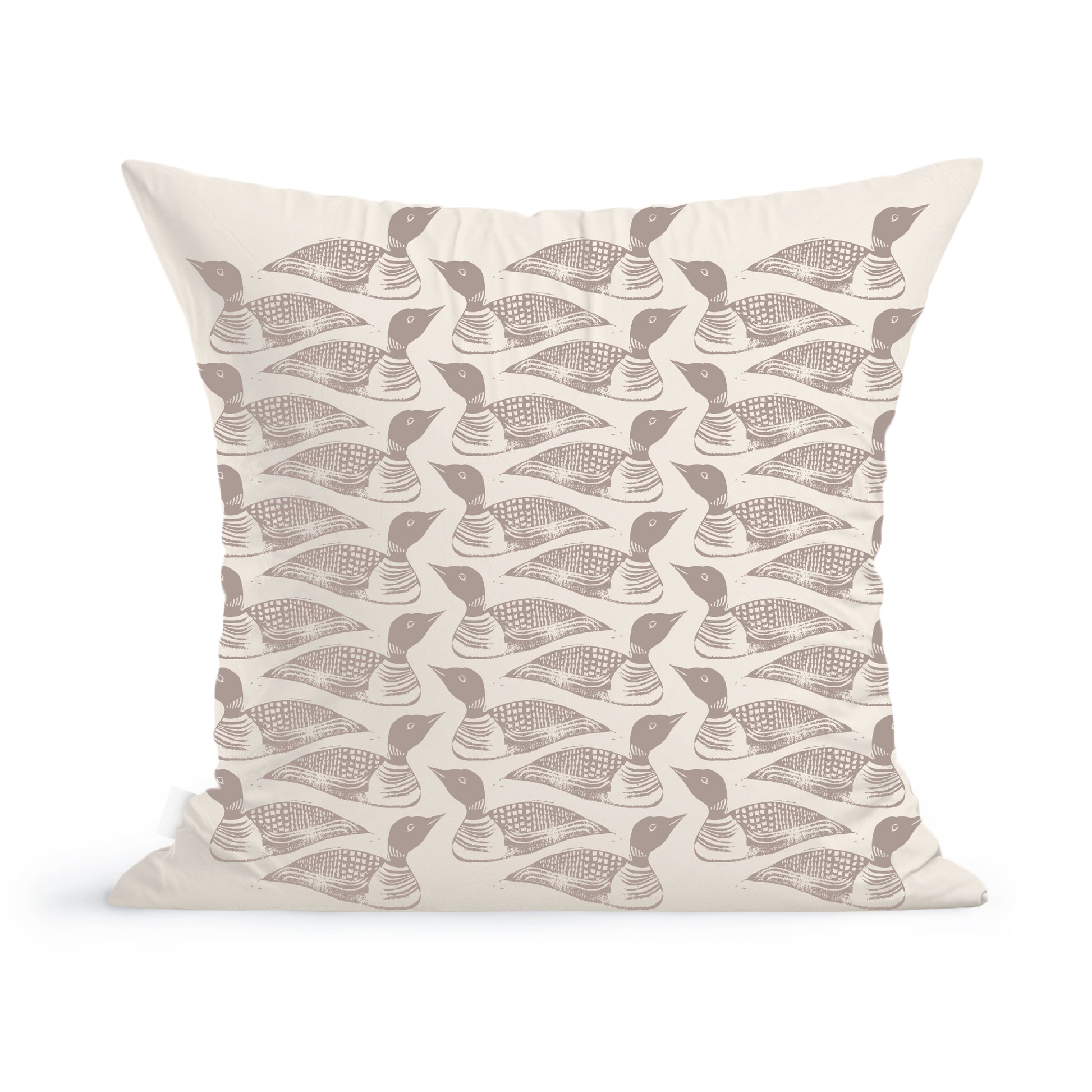 Rustic County's Little Loons pillow cover features a repeating pattern of stylized brown ducks against a light beige background. Each duck is depicted in a side profile with detailed feathers.