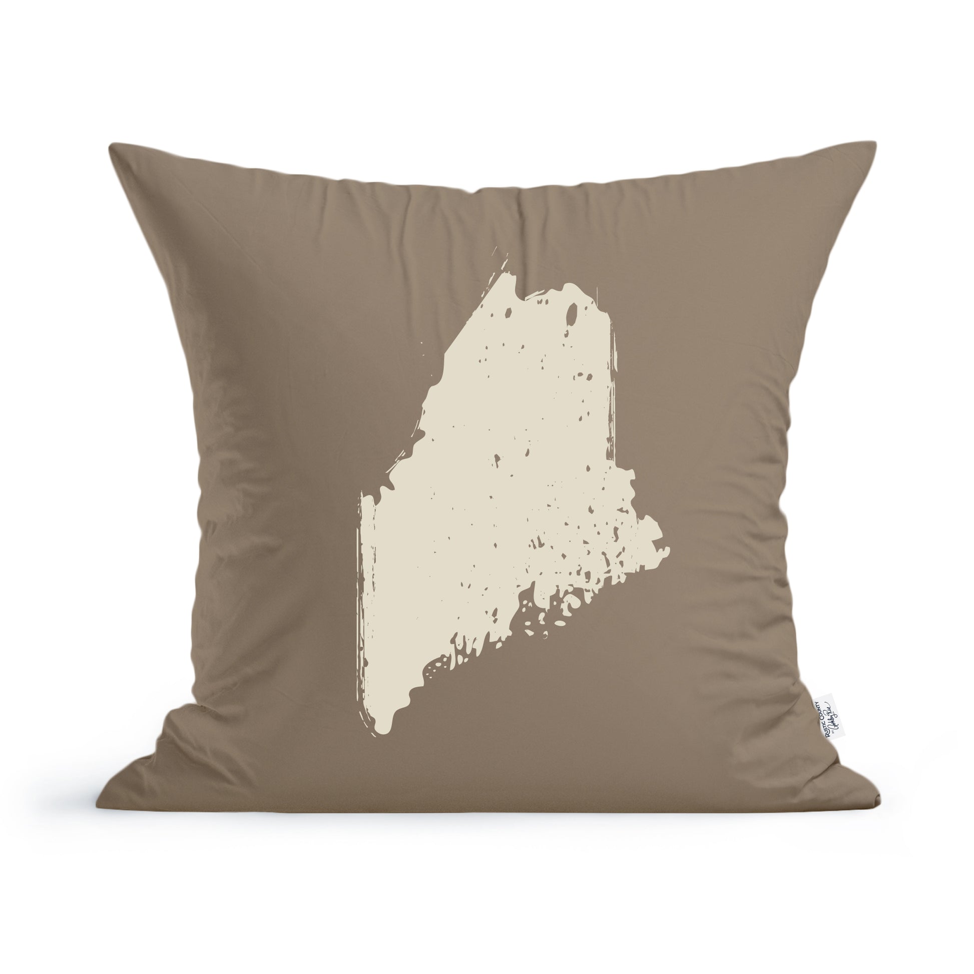 Rectangular brown State of Maine Pillow featuring a white abstract silhouette of Maine, centered on the front by Rustic County.