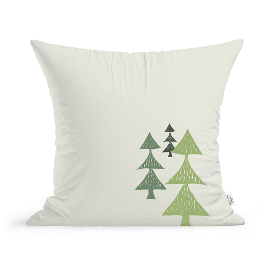 The Rustic County Maine Timberline Pillow, crafted from 100% cotton, showcases five green pine trees in a minimalist design—ideal for adding cozy charm to any room.