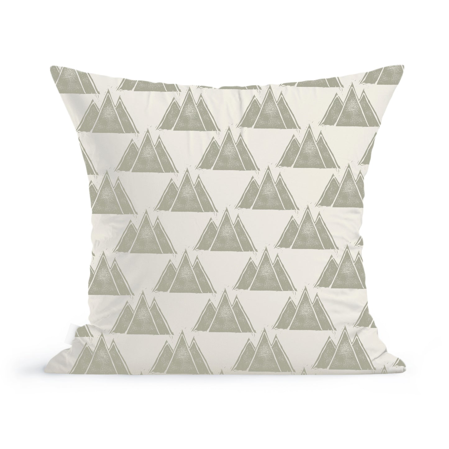 A Rustic County decorative square Maine Mountain Peaks Pillow with a repeating geometric pattern of light gray triangles on a white background, perfect for adding a touch of Maine charm to your home decor.