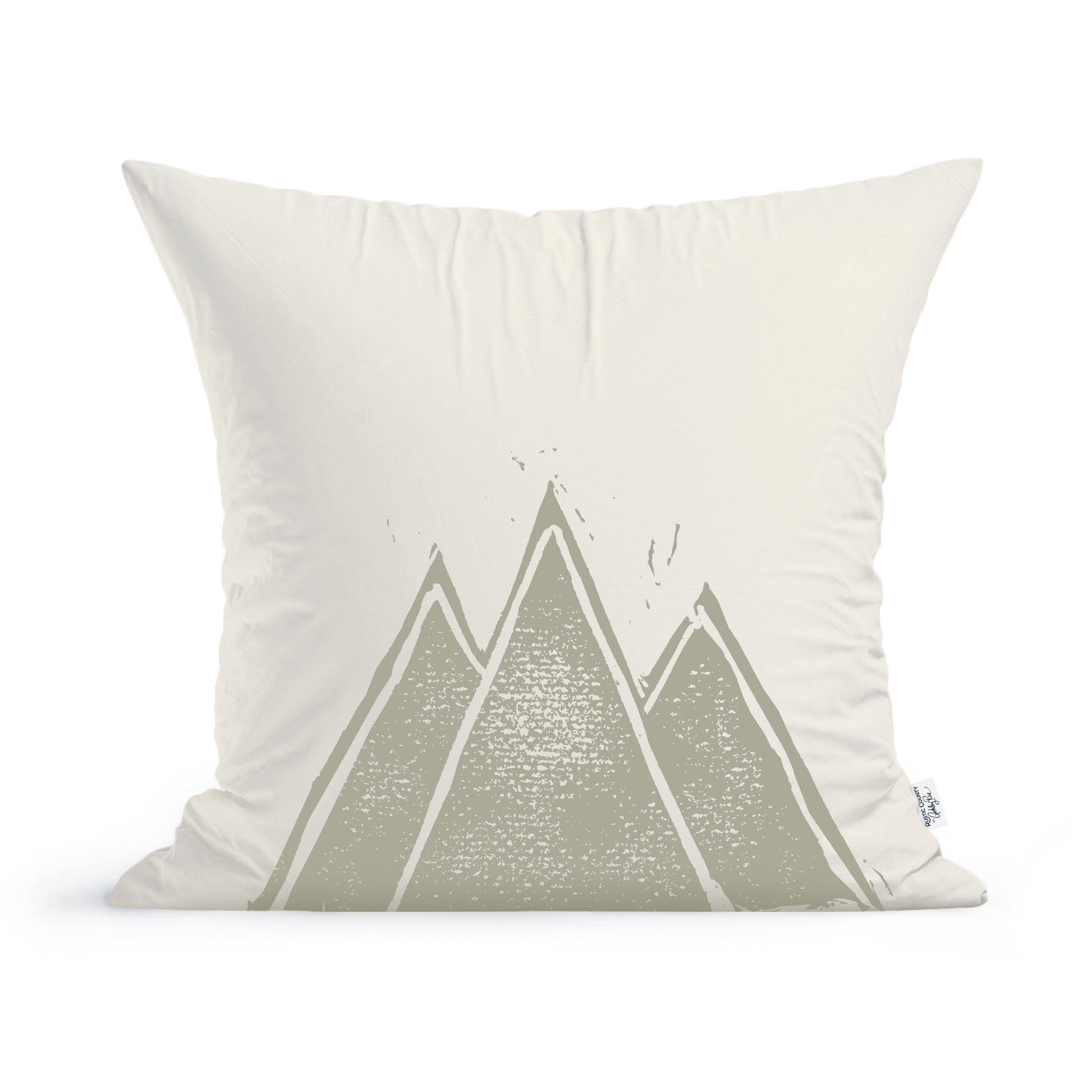 Maine Mountain Peaks Pillow by Rustic County, featuring a minimalist mountain peaks design in gray tones with a dotted texture, set against a plain white background.
