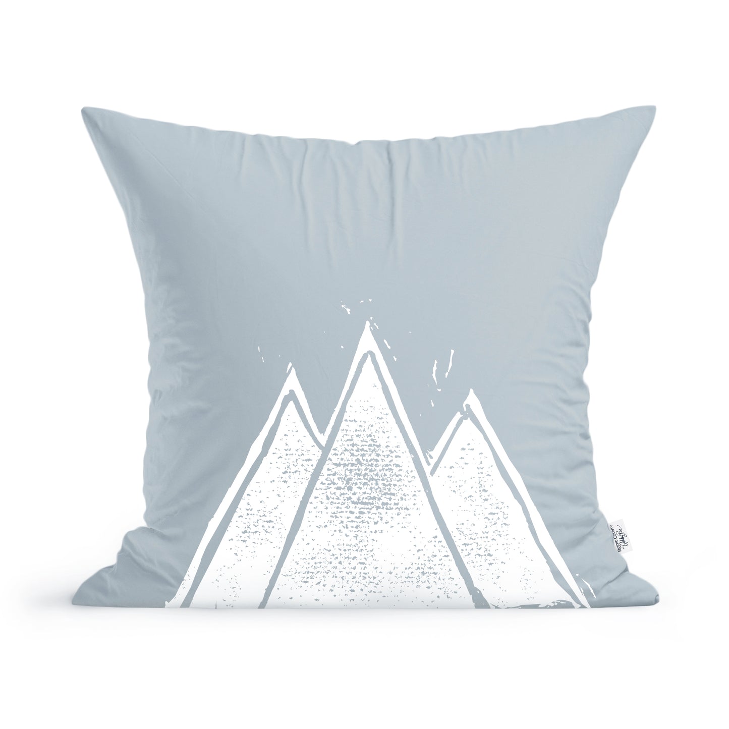 A light blue Rustic County Maine Mountain Peaks Pillow featuring a simplistic white mountain design with a speckled texture, set against a plain background.