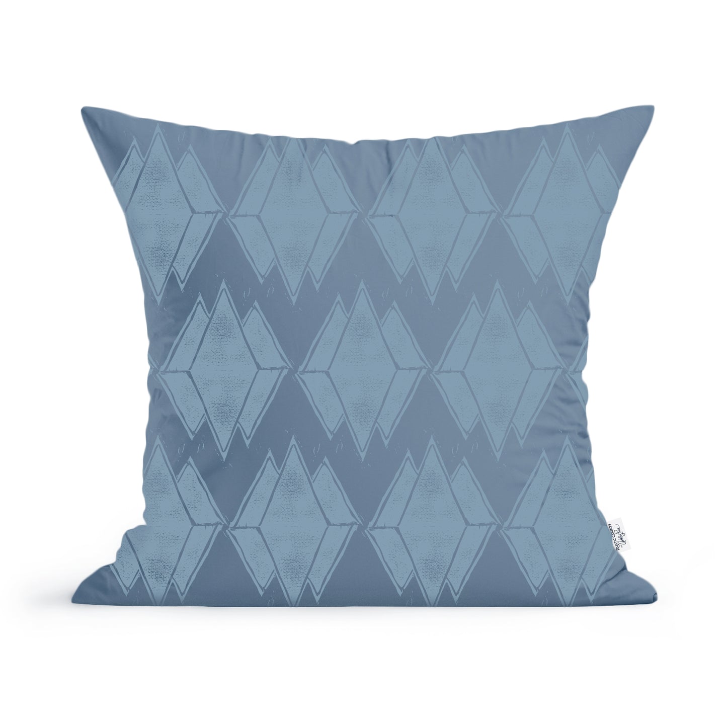 A Rustic County Maine Mountain Reflections Pillow with a geometric pattern in shades of blue, featuring a series of repeated diamond and triangular shapes. The background is a light blue with slightly darker blue designs, ideal for modern home decor.
