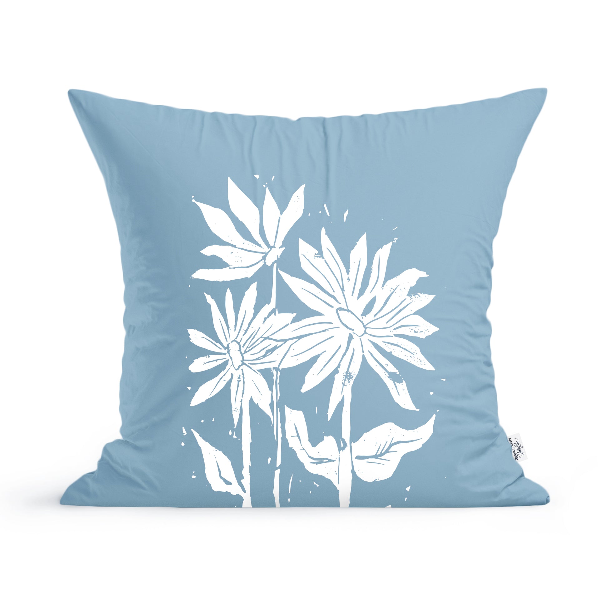 A light blue square Sunflowers Pillow featuring a white artistic print of three stylized sunflowers with leaves by Rustic County.