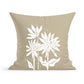 A beige Sunflowers Pillow by Rustic County featuring a white floral print with three stylized sunflowers centered on the fabric. The background is plain, highlighting the contrasting botanical design.