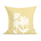 Yellow Sunflowers Pillow featuring a white floral print with three large flowers and several leaves, set against a light yellow background by Rustic County.