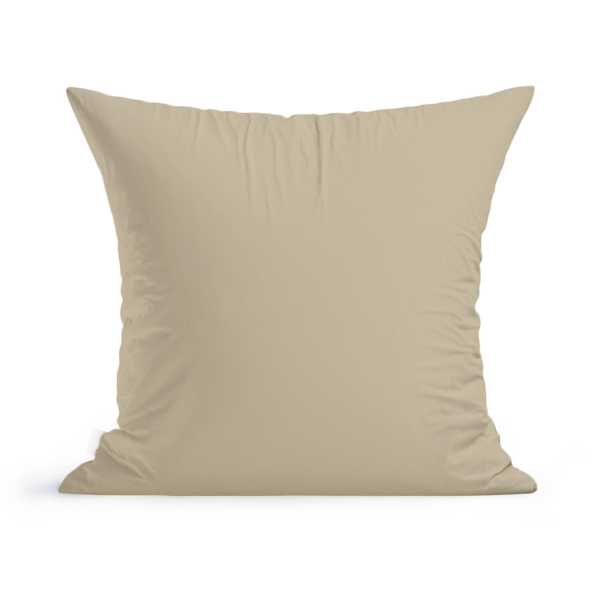 A plain beige cotton Fresh Florals Pillow by Rustic County isolated on a white background, showing slight creases on the surface, depicting a soft and comfortable texture.