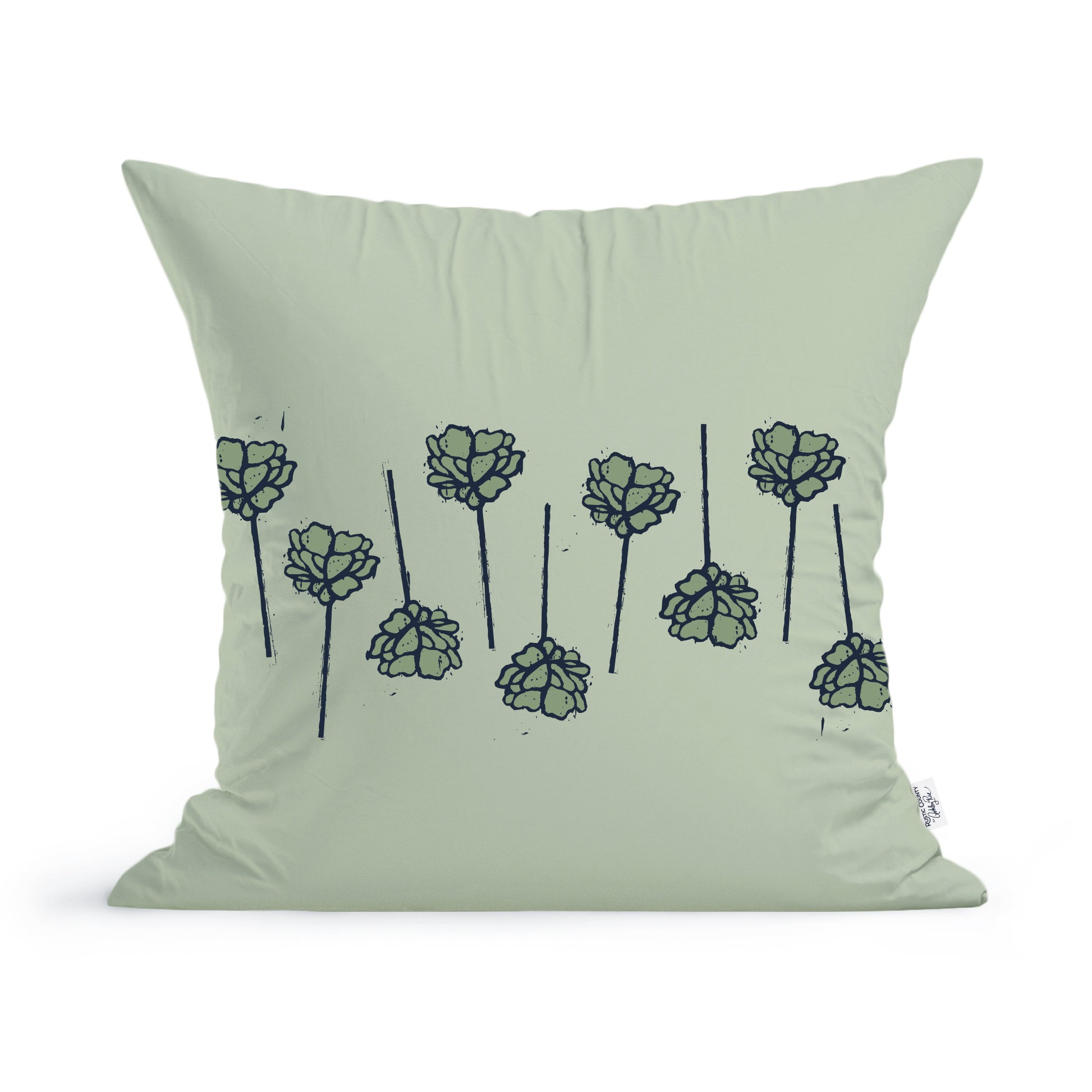 Fresh Florals Pillow by Rustic County, a light green square cotton pillow with a simple black line art design of seven flowers scattered across the front.
