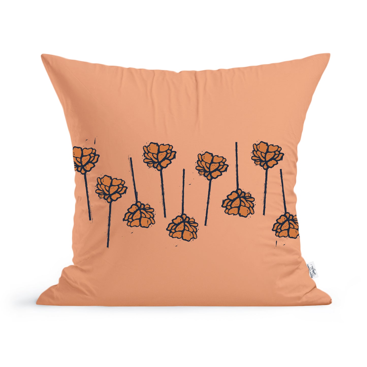 A peach-colored cotton Fresh Florals Pillow from Rustic County featuring a pattern of black line art flowers.
