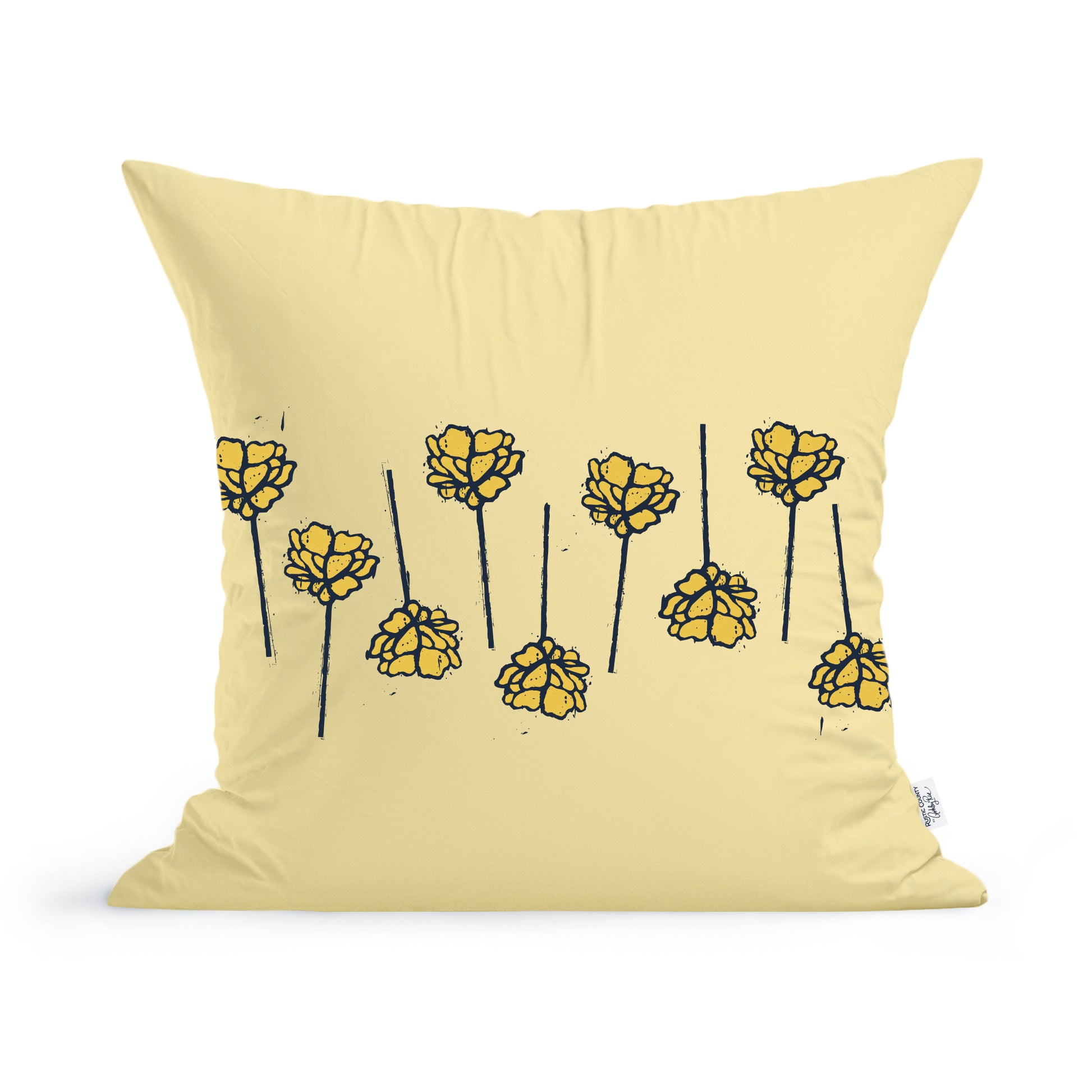 A pale yellow Fresh Florals Pillow by Rustic County featuring a stylized black and yellow Fresh Florals print. The design includes several flowers on slender stems, arrayed across the pillow's face.