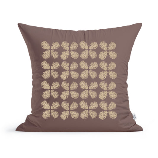 A brown throw pillow with a grid pattern of beige Rustic County Maine Pine Cones illustrations, perfect for home décor.