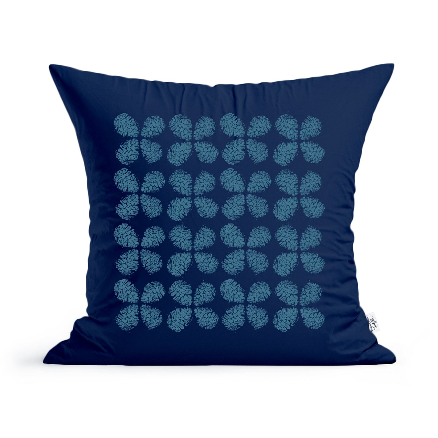 A square dark blue pillow with a pattern of abstract, circular shapes in a lighter blue color arranged in a grid. The design has a geometric, modern aesthetic reminiscent of Maine Pinecones. The Maine Pinecones Pillow by Rustic County is placed against a white background.