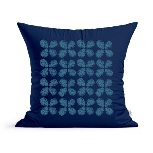 A square dark blue pillow with a pattern of abstract, circular shapes in a lighter blue color arranged in a grid. The design has a geometric, modern aesthetic reminiscent of Maine Pinecones. The Maine Pinecones Pillow by Rustic County is placed against a white background.