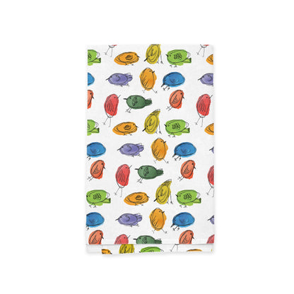 A Little Birds Kitchen Tea Towel by Rustic County featuring a colorful pattern of various types of hand-drawn fruits including apples, pears, and peaches, scattered across a white background.