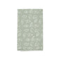 A rectangular Little Birds kitchen tea towel with a light green background featuring a white line-drawn pattern of various kitchen items like pots, pans, and utensils by Rustic County.