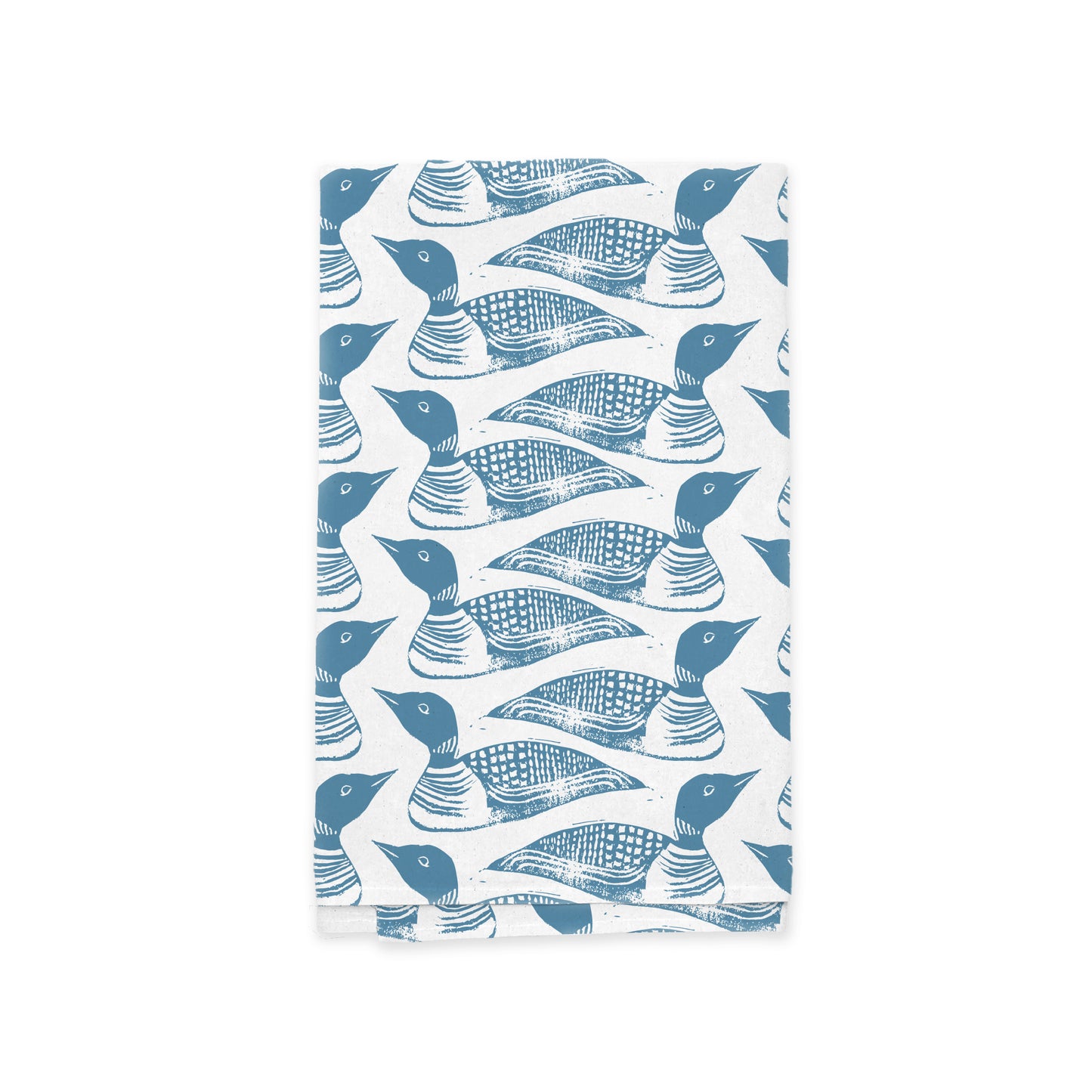 Sentence with replaced product name and brand name: A Maine Loon Pattern Kitchen Tea Towel from Rustic County, with a repetitive pattern of blue stylized fish against a white background, designed with intricate line details on their bodies, perfect for kitchen decor.